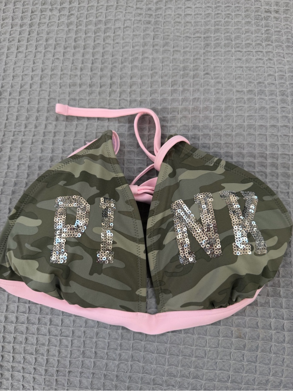 PINK Victoria's Secret Camo Sequin Triangle Bikini Top - Pink Trim